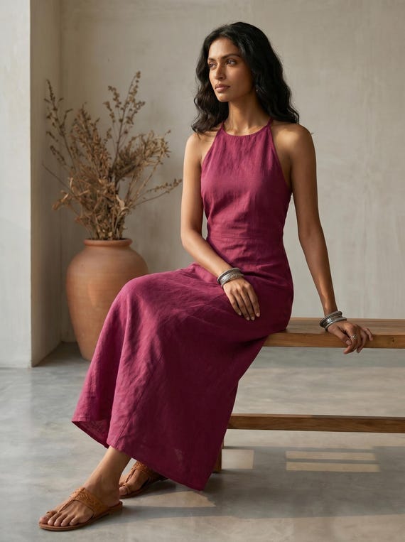brown linen halter dress Cotton Dress, Backless Maxi Dress, Open Back Linen Dress, Linen Blend Summer bust darts
