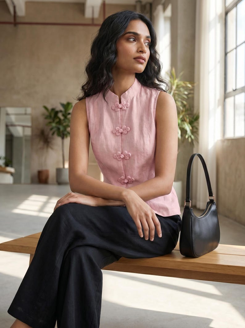 May include: A sleeveless pink top with flower-shaped buttons and black pants. A black handbag with a curved design sits on a wooden bench. The outfit is simple and elegant.