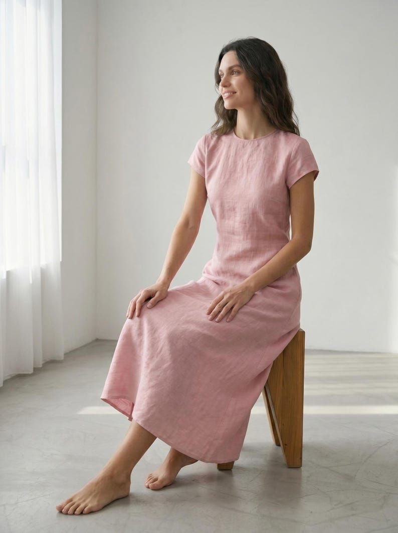 May include: A light pink linen dress with short sleeves and a round neckline. The dress is knee-length and has a simple, elegant design. The model is sitting on a wooden stool in a well-lit room.