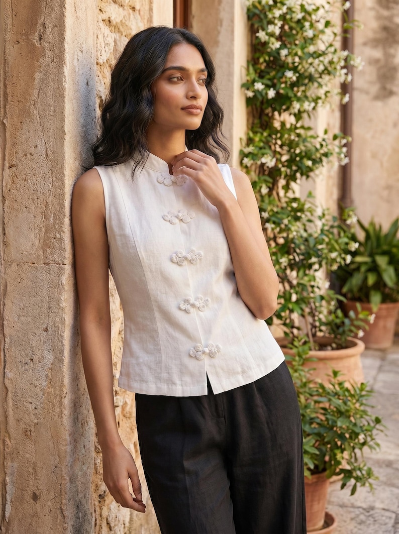 May include: A sleeveless, off-white linen top with a mandarin collar and decorative floral-shaped buttons. The top is paired with black linen pants. The model is leaning against a stone wall, with potted plants in the background.