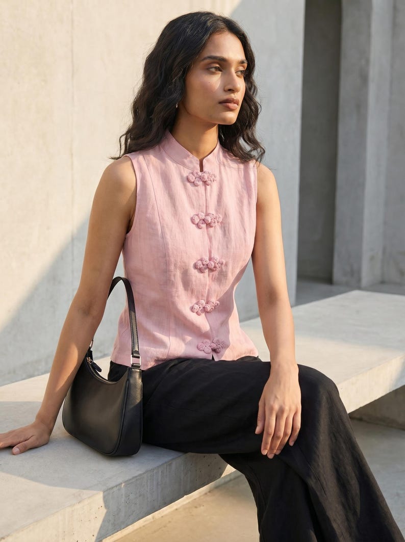May include: A sleeveless, light pink top with a mandarin collar and decorative frog closures. The top is paired with black pants and a black handbag. The outfit is simple and elegant, suitable for various occasions.