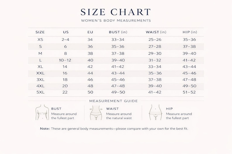 May include: A size chart for women's body measurements, with US, EU, bust, waist, and hip measurements in inches. Includes a measurement guide with diagrams for bust, waist, and hip measurements.