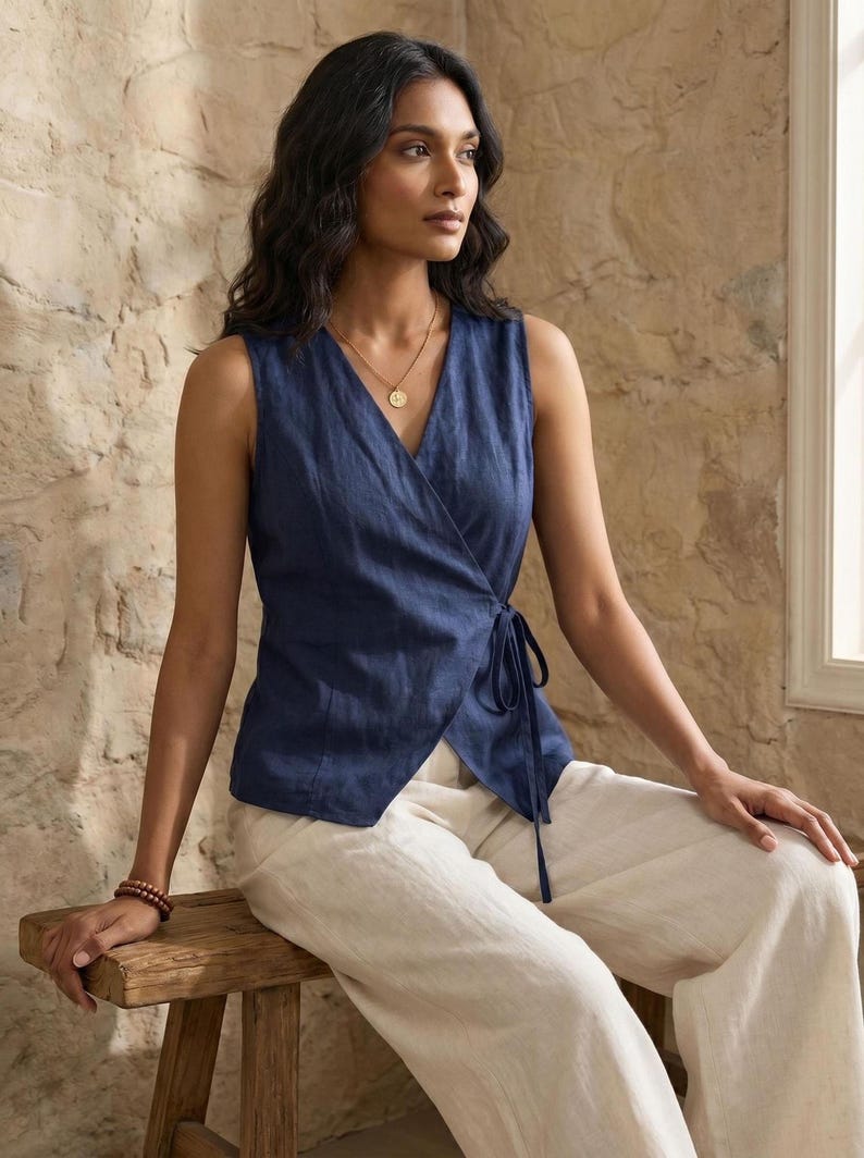 A woman with long dark hair is sitting on a wooden stool, wearing a blue sleeveless top and white pants. She is looking off to the side, with a neutral expression on her face.