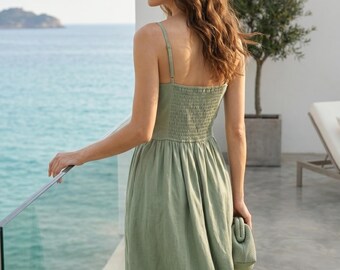 Sage Green Linen Cotton Midi Dress Women Summer Sundress Smocked Back Dress Strappy Sleeveless Dress Casual Vacation Resort Wear Dress
