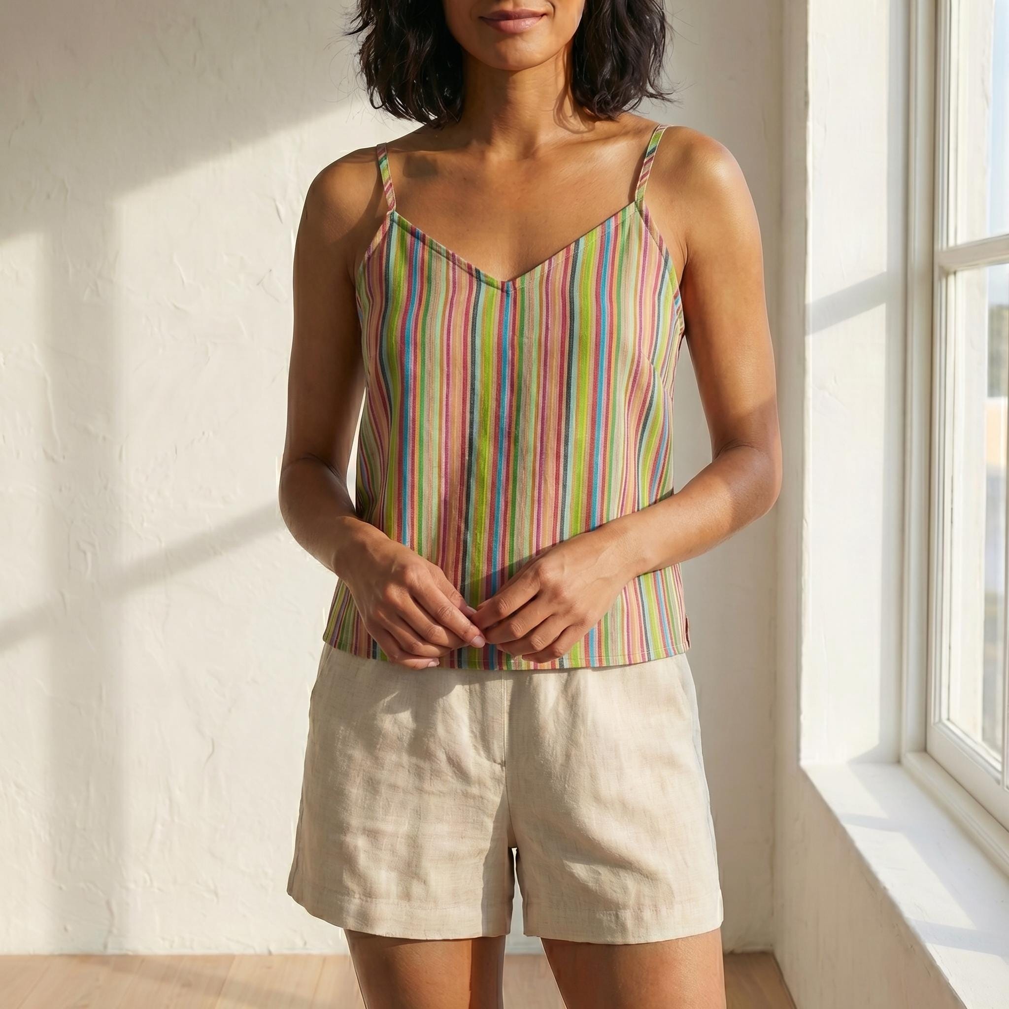 Pastel Multicolor Striped Cotton Cami Top, Soft Rainbow Summer Tank Top Women, Minimal Aesthetic Spaghetti Strap Top, Lightweight Cotton Top