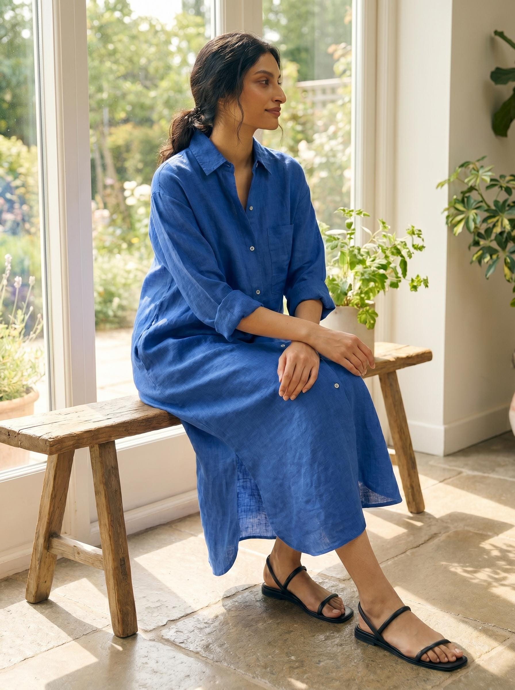 cobalt blue linen dress Cotton Shirt for Women, Oversized Linen Midi Dress, Button Down Linen Dress, Relaxed Summer Dress, Minimalist Dress side pockets SIZE:40 Reuniontower com First Day of Summer Deals 6 Best Beth Dutton