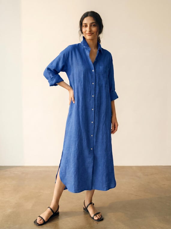 Cobalt Blue Linen Cotton Shirt Dress for Women, Oversized Linen Midi Dress, Button Down Linen Dress, Relaxed Summer Dress, Minimalist Dress