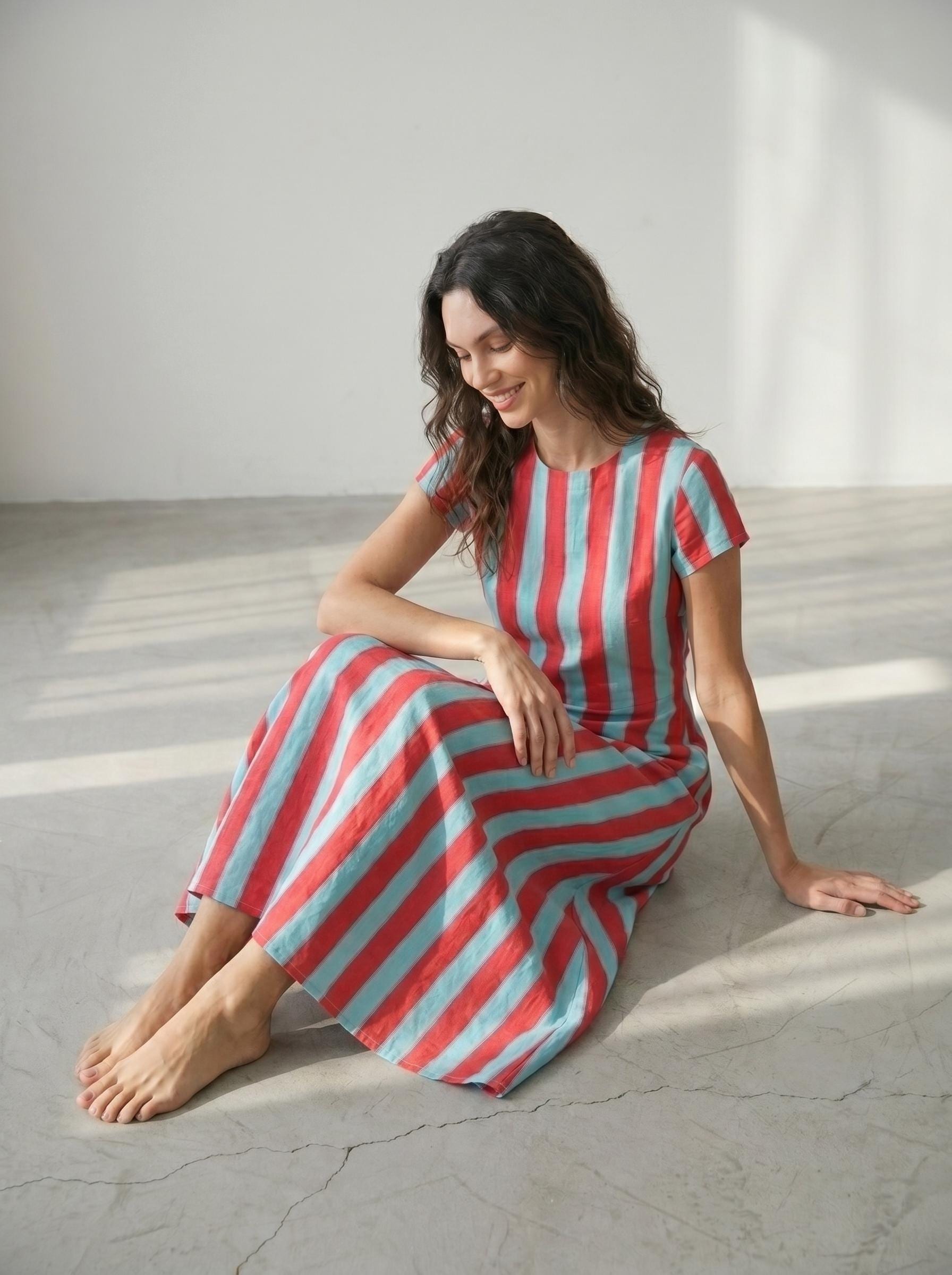 Red Blue Stripe Cotton Dress, Colorful Midi Dress, Summer A Line Dress Women, Casual Cotton Dress, Vacation Dress, Short Sleeve Dress
