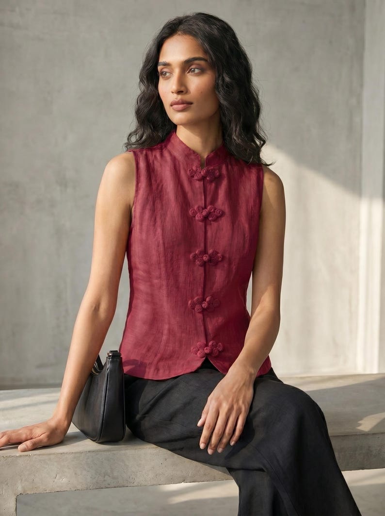 May include: A sleeveless, burgundy top with a mandarin collar and decorative frog closures. The top is paired with black pants. A black handbag rests on the model's lap.