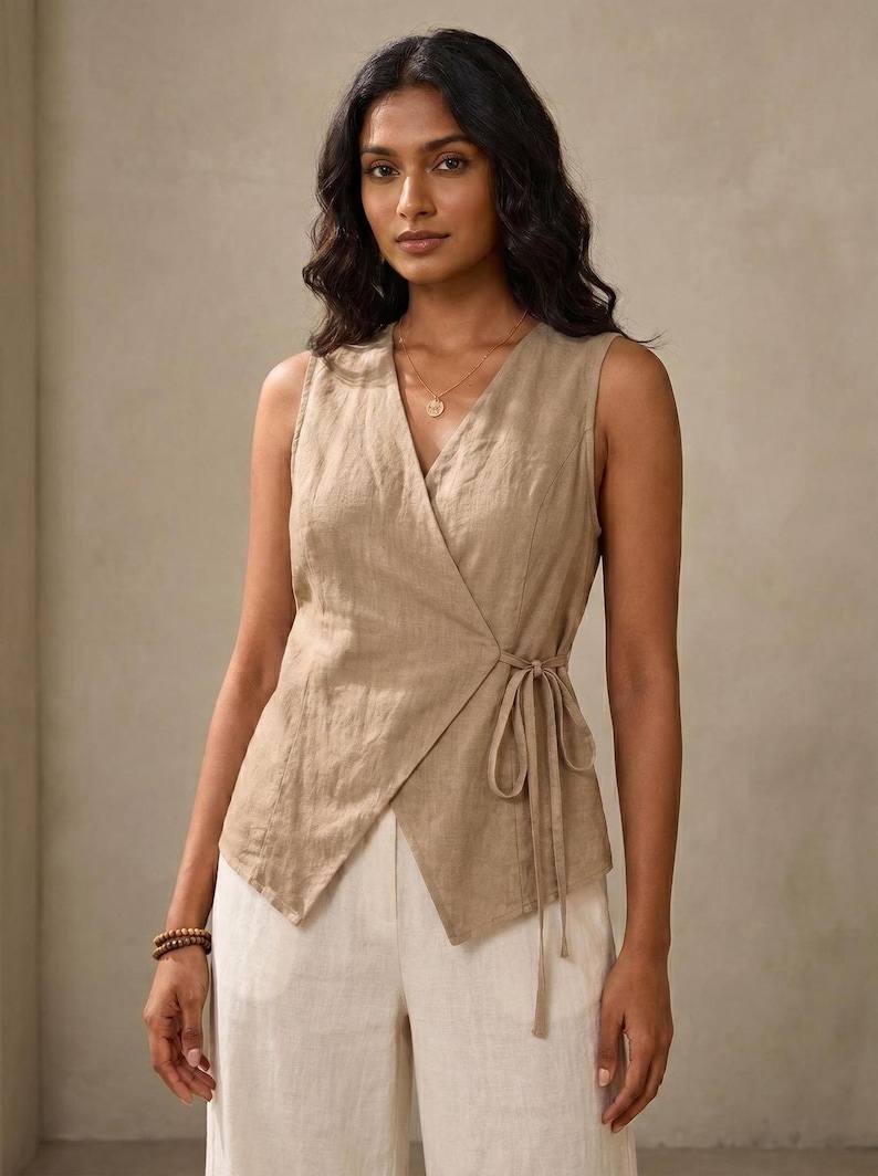 A woman with long dark hair wearing a beige sleeveless top with a wrap-style neckline and white pants.