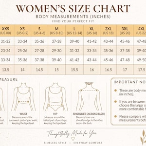May include: A size chart titled WOMEN'S SIZE CHART with body measurements in inches. It includes a table for sizes XXS to 5XL, detailing bust, waist, hip, and shoulder measurements, along with diagrams showing how to measure each area.