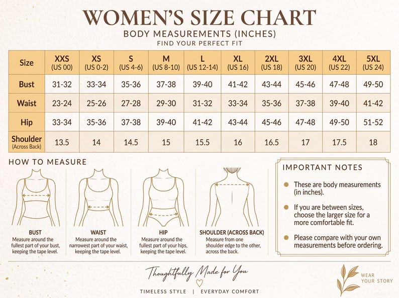 May include: A size chart titled WOMEN'S SIZE CHART with body measurements in inches. It includes a table for sizes XXS to 5XL, detailing bust, waist, hip, and shoulder measurements, along with diagrams showing how to measure each area.
