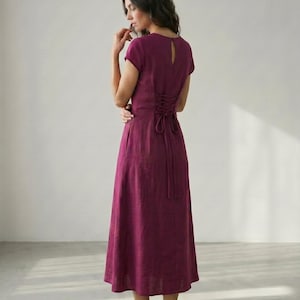 Dusky Pink Cotton Linen Midi Dress Cap Sleeve Minimal A Line Dress Structured Summer Dress Modest Midi Dress image 9