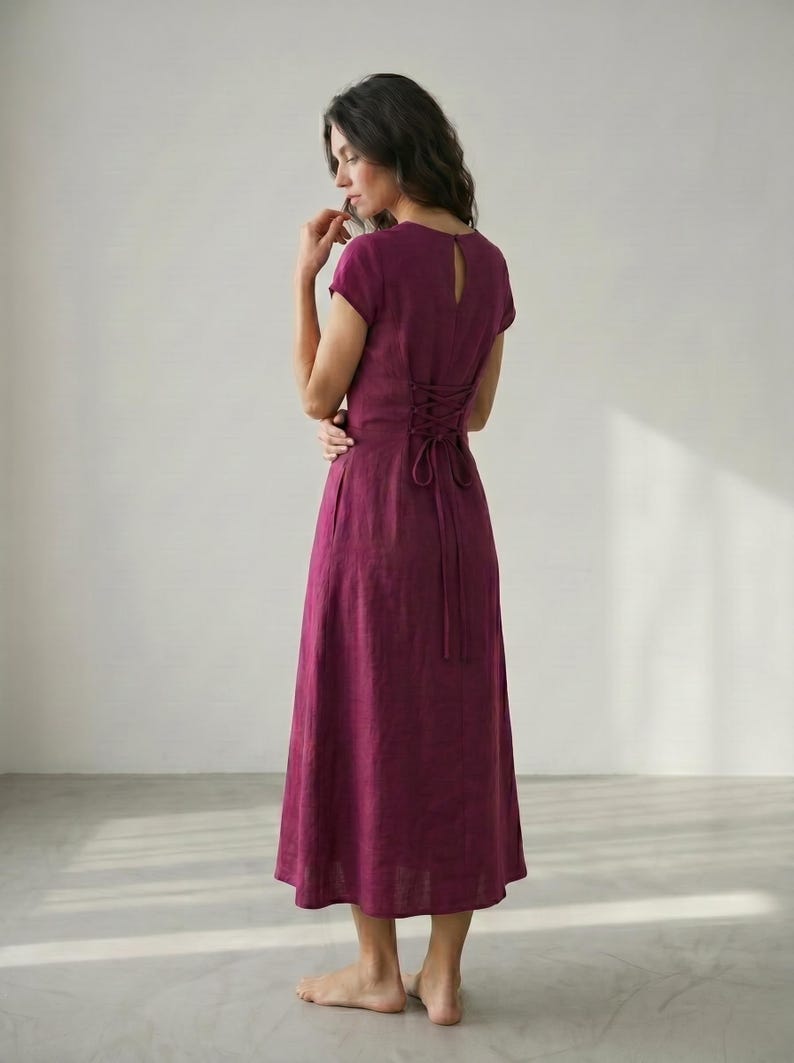 Dusky Pink Cotton Linen Midi Dress Cap Sleeve Minimal A Line Dress Structured Summer Dress Modest Midi Dress image 9