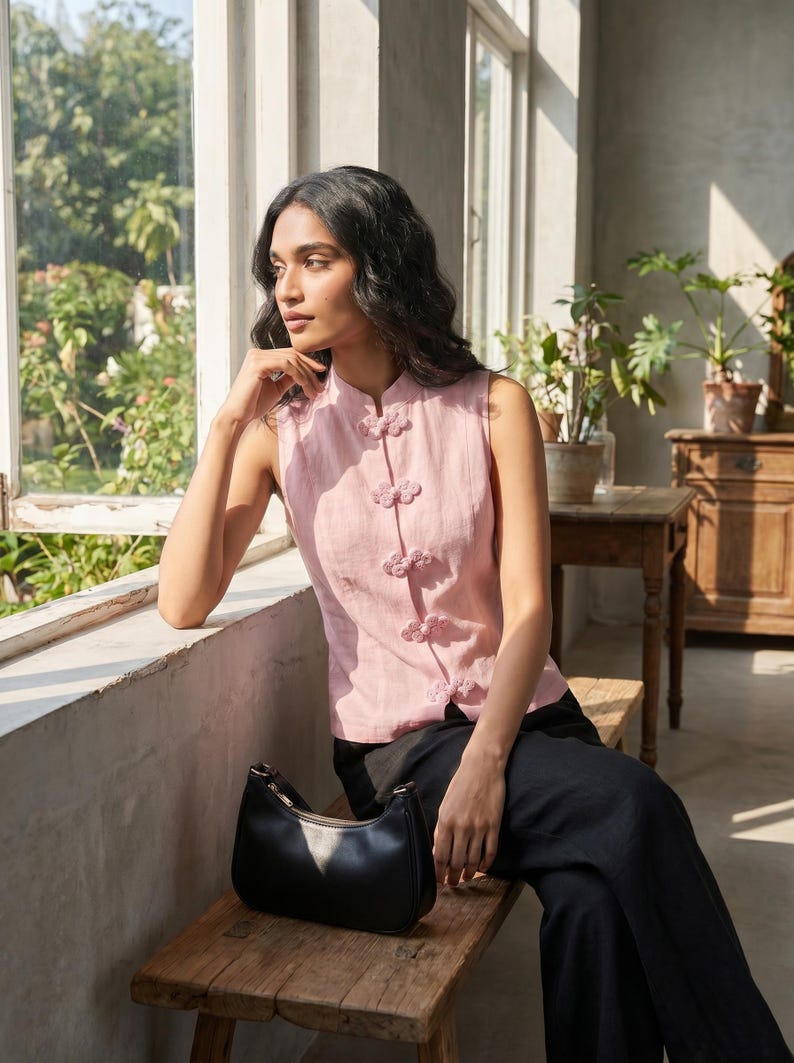 May include: A sleeveless pink top with decorative knot closures, paired with black pants and a black handbag. The top has a mandarin collar. The outfit is worn in a room with a window and wooden furniture.