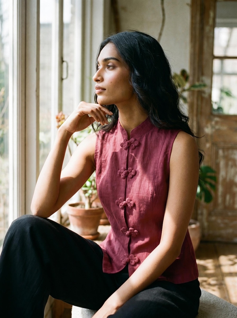 May include: A sleeveless, burgundy top with a mandarin collar and decorative knot closures. The top is paired with black pants. The woman is sitting near a window, with plants in the background.