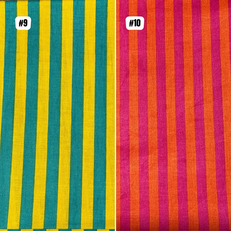 Op de afbeelding: Twee stoffen stalen met verticale strepen. E&eacute;n heeft teal, gele en gouden strepen. De andere heeft roze, oranje en rode strepen. De stalen zijn genummerd met de nummers #9 en #10.