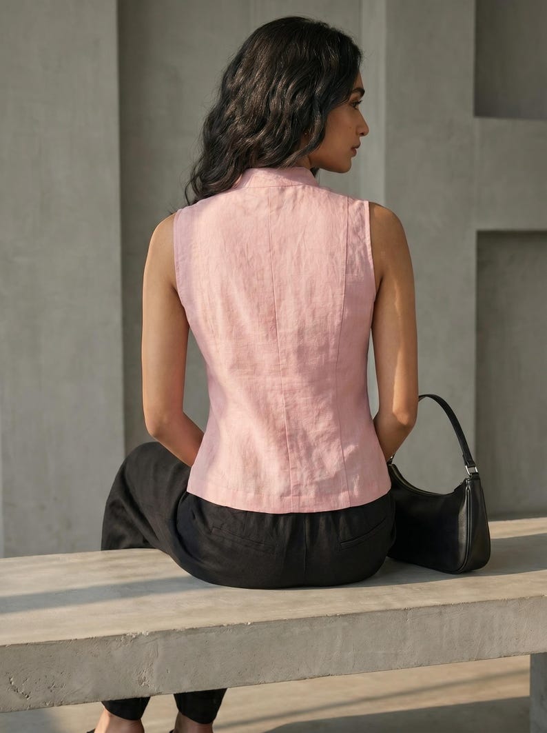 May include: A sleeveless, light pink linen top with a mandarin collar and vertical seams. The model is wearing black pants and a black shoulder bag. The top is a soft, muted pink color, and the overall style is minimalist and elegant.