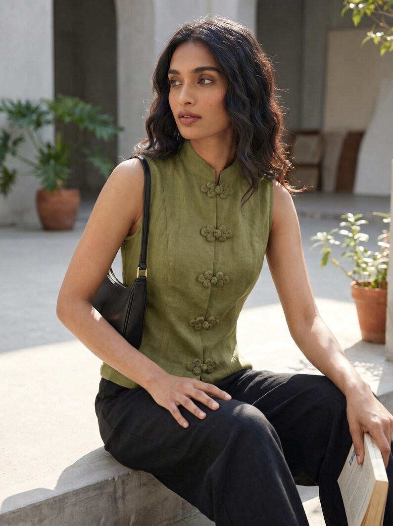 May include: Olive green sleeveless top with a mandarin collar and decorative frog closures. The top is paired with black pants. A black shoulder bag and a book are also visible.