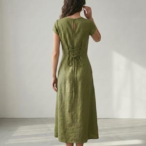 Dusky Pink Cotton Linen Midi Dress Cap Sleeve Minimal A Line Dress Structured Summer Dress Modest Midi Dress image 17