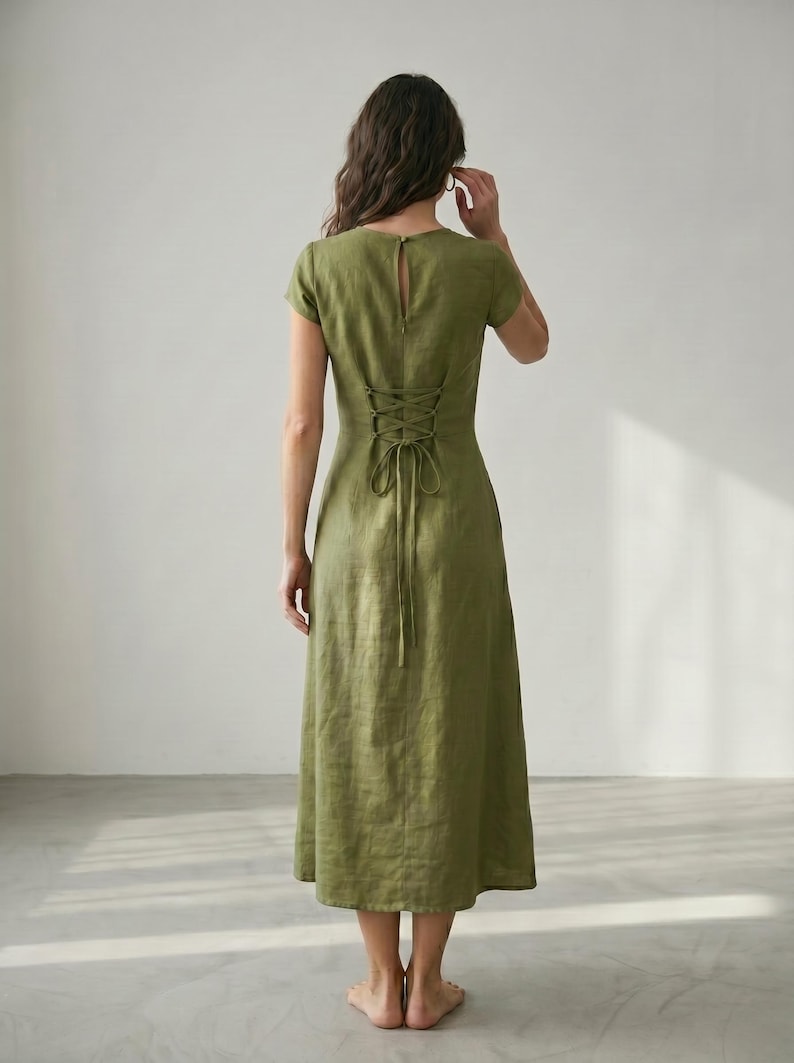 Dusky Pink Cotton Linen Midi Dress Cap Sleeve Minimal A Line Dress Structured Summer Dress Modest Midi Dress image 17