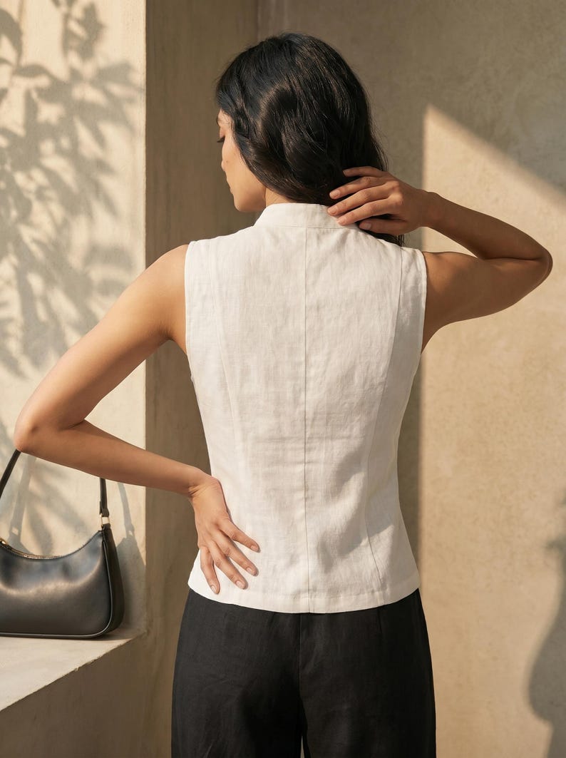 May include: Sleeveless white linen top with a high collar and vertical seams down the back. The top is paired with black pants. A black purse hangs on the left side. The outfit is simple and elegant.
