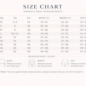 The image is a size chart for women's body measurements, providing measurements for bust, waist, and hip in different sizes ranging from 5XS to 5XL.