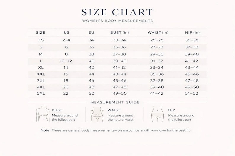 The image is a size chart for women's body measurements, providing measurements for bust, waist, and hip in different sizes ranging from 5XS to 5XL.