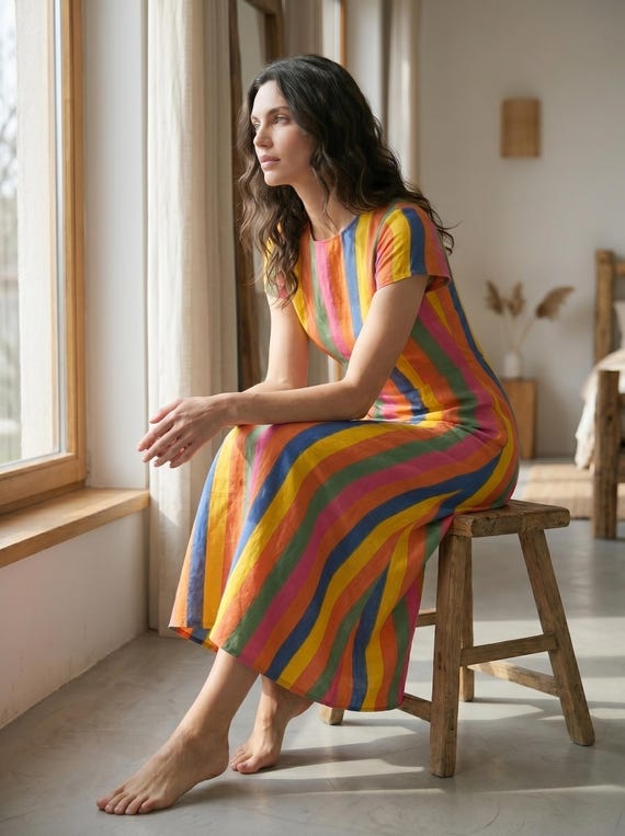 Red Blue Stripe Cotton Dress, Colorful Midi Dress, Summer A Line Dress Women, Casual Cotton Dress, Vacation Dress, Short Sleeve Dress