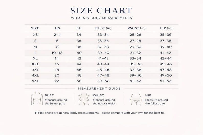 May include: A size chart for women's body measurements, with US, EU, bust, waist, and hip measurements in inches. Includes a measurement guide with illustrations for bust, waist, and hip measurements.