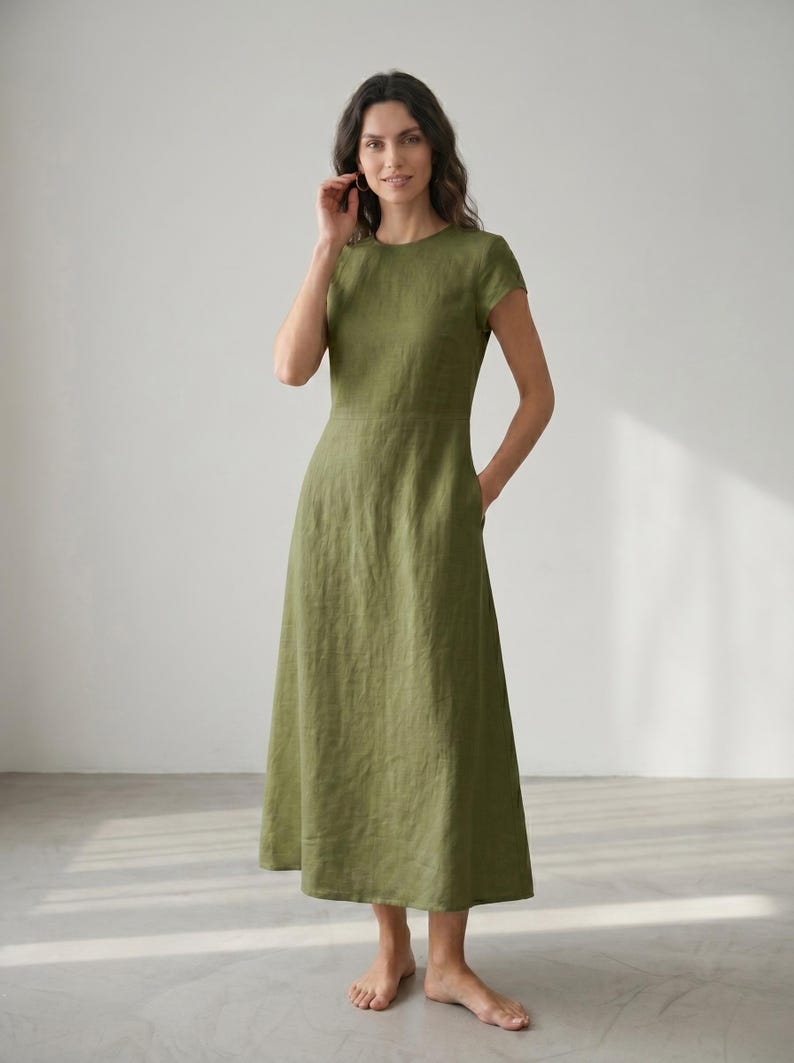 May include: A long olive green dress with short sleeves and a round neckline. The dress has a fitted bodice and a flared skirt, with pockets on each side. The model is standing in a well-lit room.