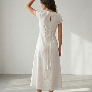 Dusky Pink Cotton Linen Midi Dress Cap Sleeve Minimal A Line Dress Structured Summer Dress Modest Midi Dress image 11