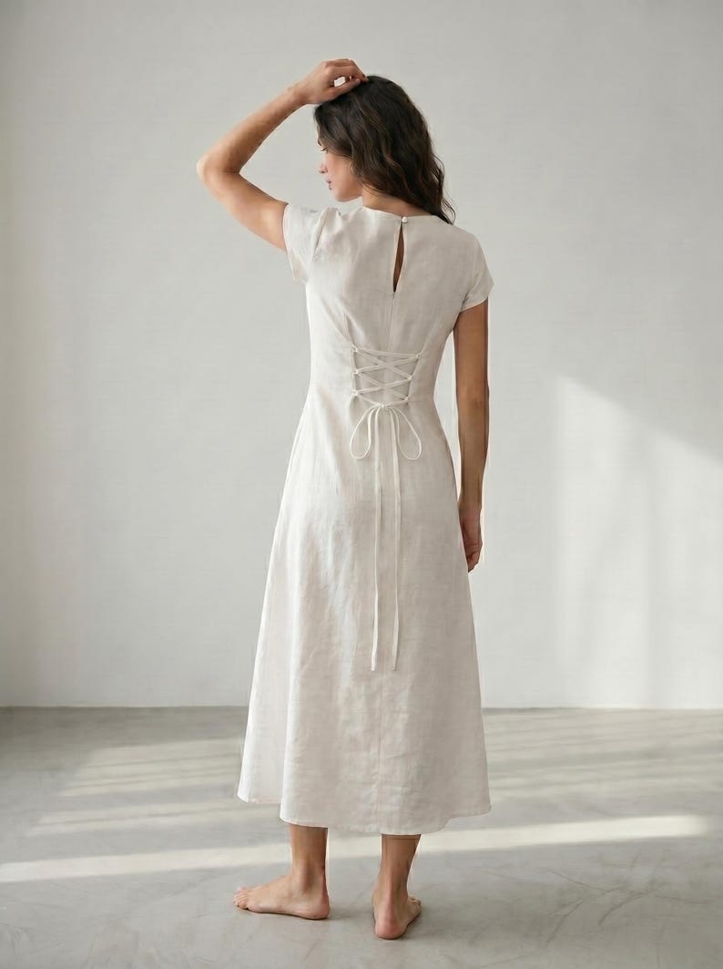 Dusky Pink Cotton Linen Midi Dress Cap Sleeve Minimal A Line Dress Structured Summer Dress Modest Midi Dress image 11