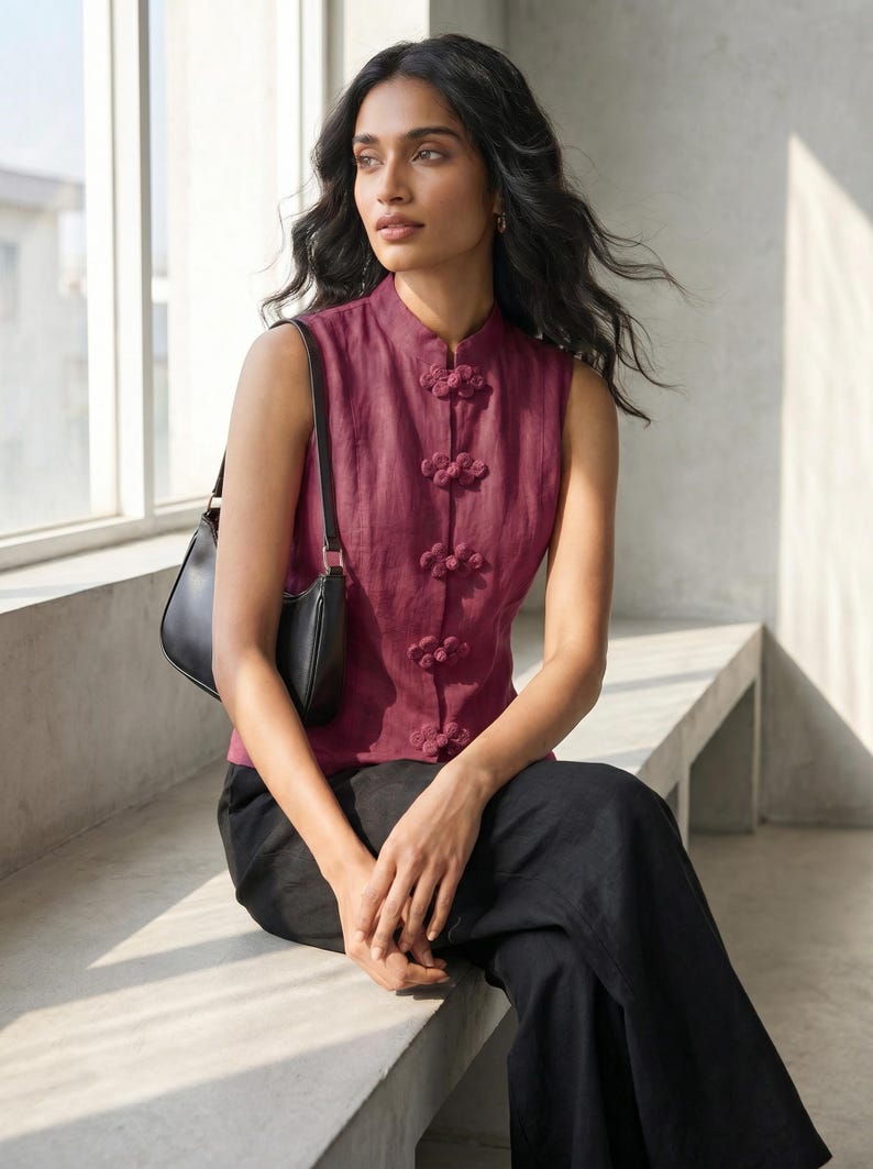 May include: A sleeveless burgundy top with a mandarin collar and decorative frog closures. The top is paired with black pants and a black shoulder bag. The woman is sitting on a concrete bench near a window.
