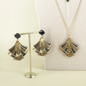 Glamorous Art Deco Jewelry Set: Handmade Gold Mirror Acrylic Earrings and Pendant Necklace with Glittering and Black Inserts.