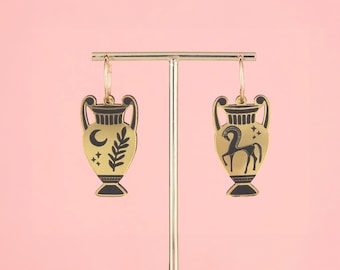 Greek Amphora Earrings—Double-Sided Vase Hoops | Black Gold Acrylic | Mythology Gift | Ancient Greece