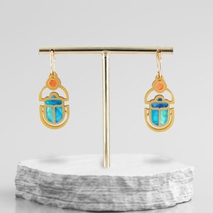 Scarab Beetle and Sun Hoop Earrings—Handmade Egyptian Style Jewelry in Gold Acrylic—Unique Ancient Symbol Earrings—Gift for History Lover