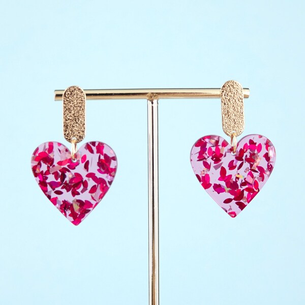 Eye-Catching and Unique: Colorful Glitter Sequin Acrylic Heart Earrings in Fuchsia and Red Tones. Perfect Valentine's Day gift.