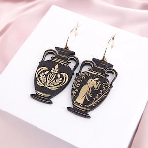 Greek Amphora Earrings — Black Gold Vase Hoops | Double Sided | Ancient Greece Gift | Handmade Acrylic