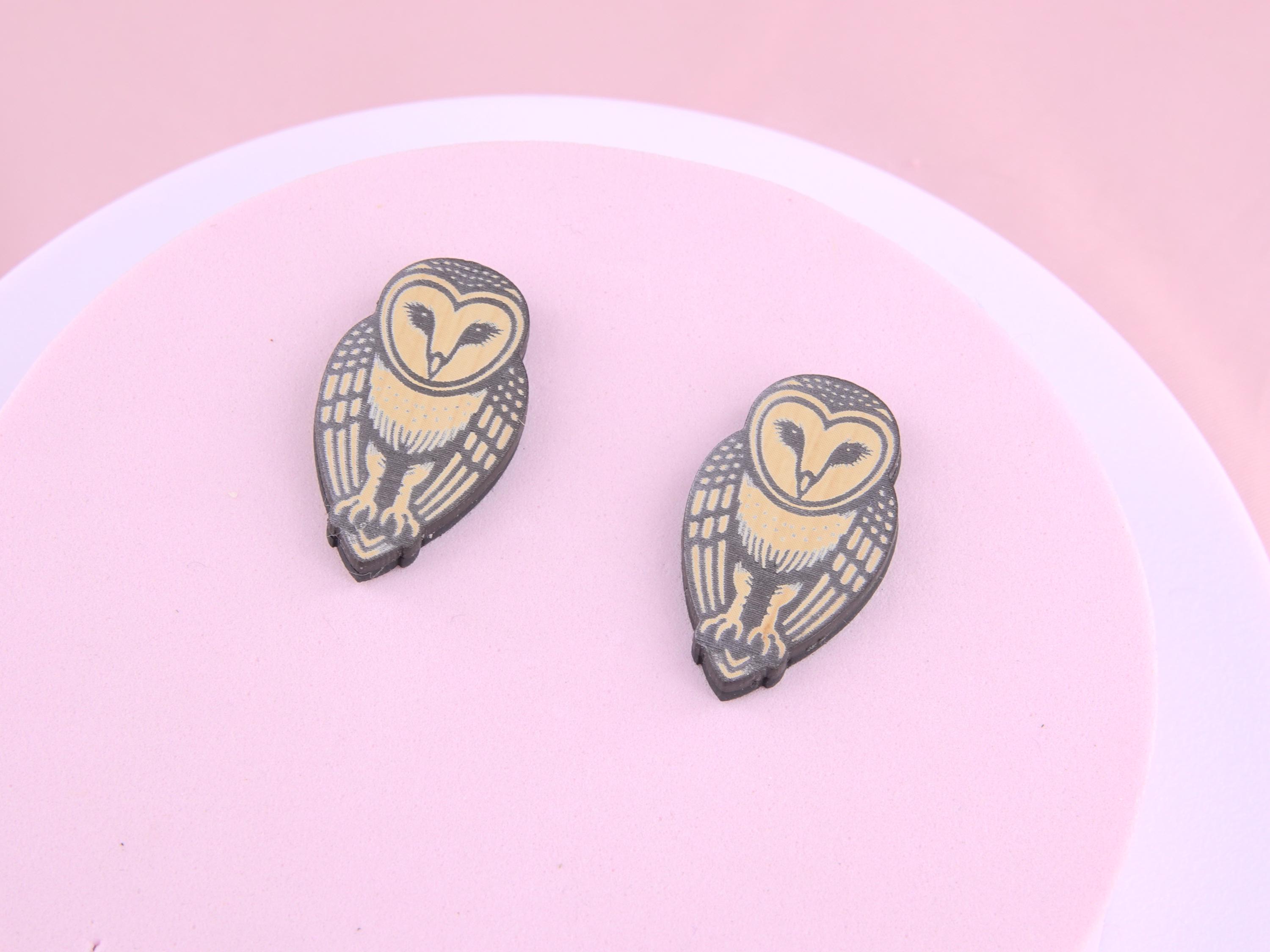 Handmade Barn Owl Stud Earrings: Wood Effect Acrylic Jewelry