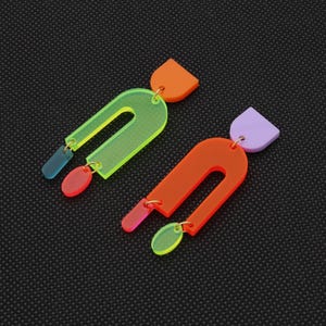 Fluorescent Geometric Drop Earrings — Lightweight Mix and Match Multicolor Acrylic Arc Drop Earrings — Hypoallergenic Neon Statement Jewelry