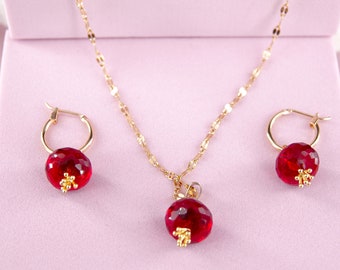 Handmade Pomegranate Necklace and Earrings Jewelry set — Natural Red Garnet Quartz Jewelry Set.