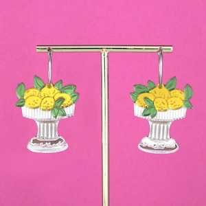 Lemon Hoop Earrings on Stand — La Dolce Vita Wedding Mirror Acrylic Jewelry —  Italian Style Inspired Handmade Silver Statement Earrings
