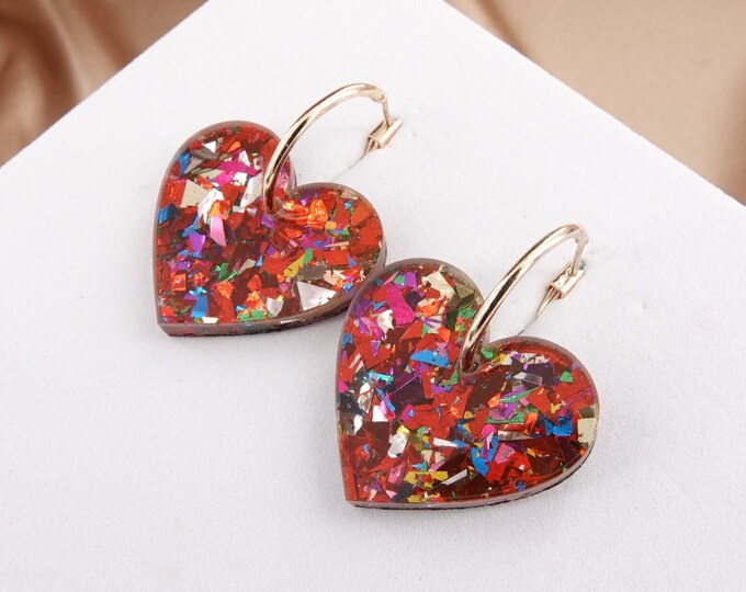 Nova Heart Beaded Hoop Earrings Red Mix