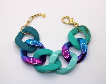 Bracelet chaîne en résine fait main, maillons XXL multicolores — Bijoux de poignet réglables élégants pour femme.