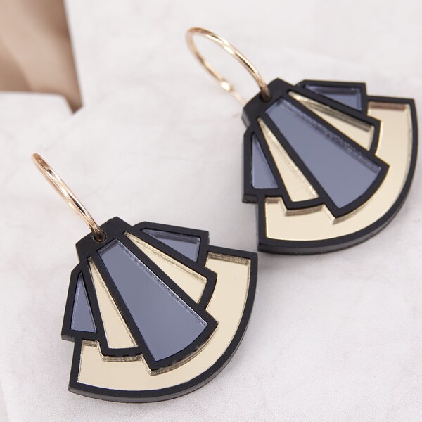 Handmade Art Deco Inspired Hoop Earrings — Trendy Geometric Gold and Anthracite Mirror Statement Earrings.