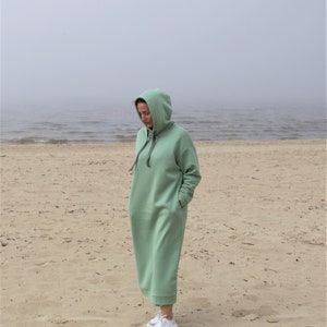 Women's long oversized sweatshirt dress with pockets, fleece inside spring, autumn, winter dress with a hood. Oversized hoodie dress. image 3