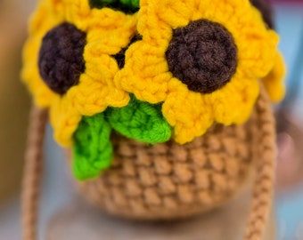 sunflower Car Hangers Crochet Pattern, Crochet Flower Pot Pattern, crochet Sunflower hanging plant, crochet hangers
