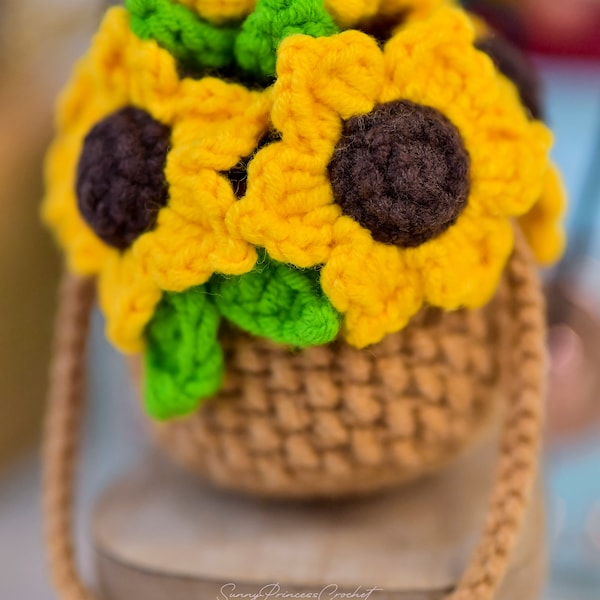 6 petal sunflower Car Hangers Crochet Pattern, Crochet Flower Pot Pattern, crochet Sunflower hanging plant, crochet hangers