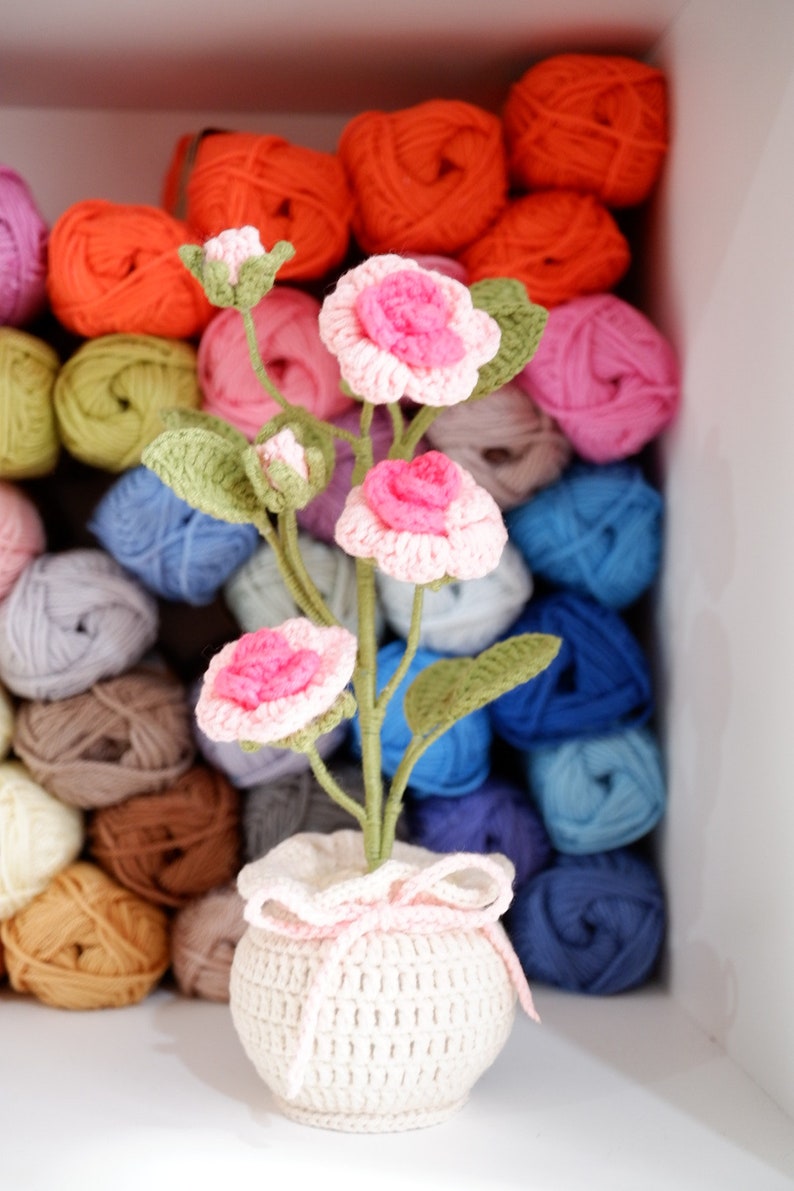 Crochet Flower in a Pot , Crochet Rose Flower in A Pot, Rose Flower